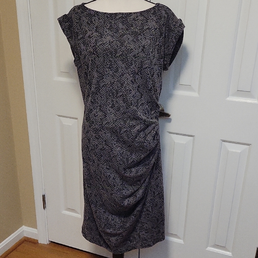 Ann Taylor Snake Print Ruched Sheath Dress Black Gray Size 12 Tall